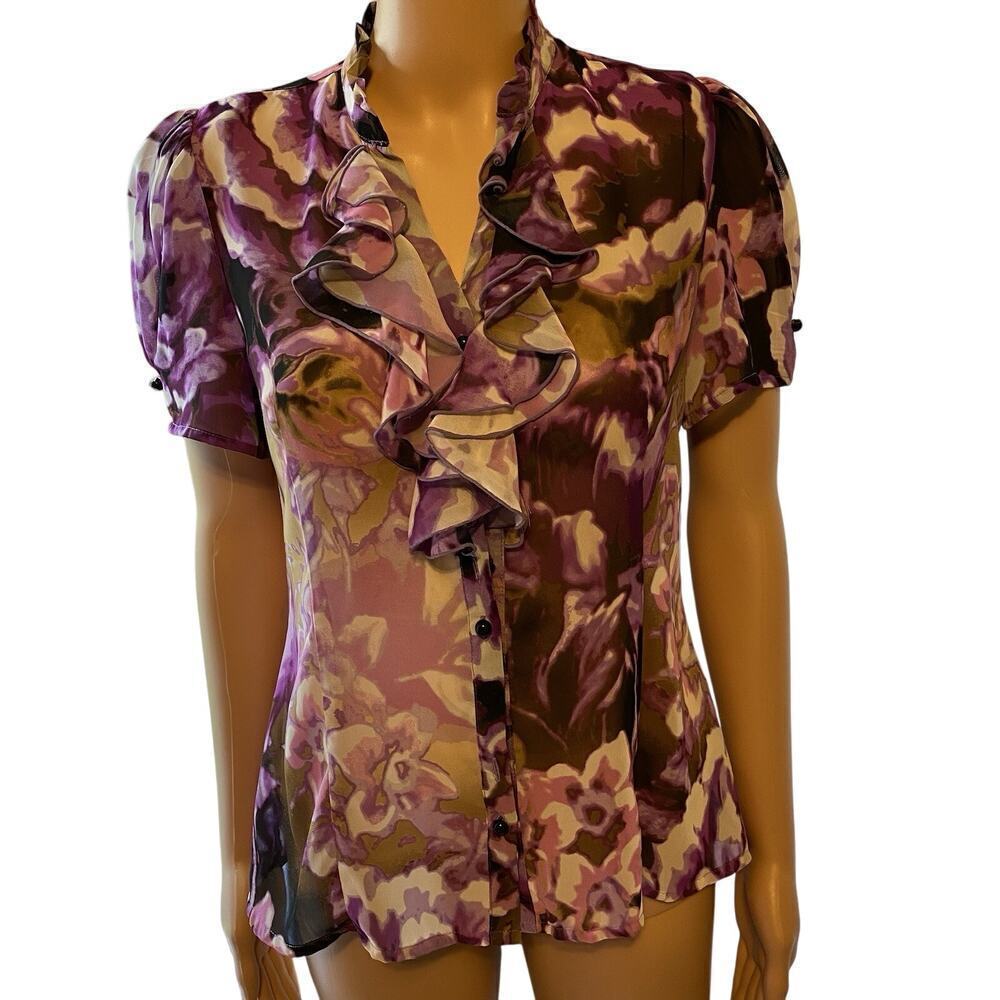 Vintage 90s-Y2K Worthington Top Button Up Blouse Sheer Purple Floral Ruffle SzPM